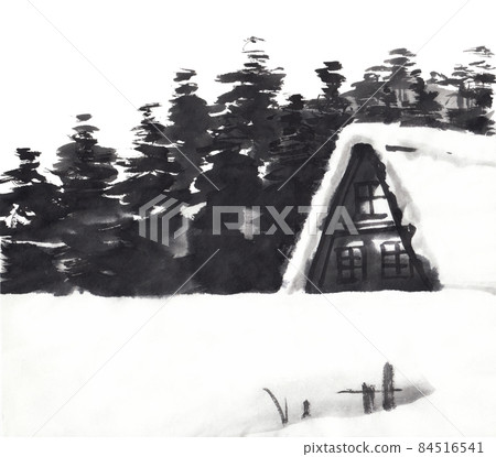 以水墨畫技法繪製的冬季民居 84516541