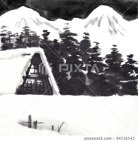 水墨畫的雪山風景和民居 84516542