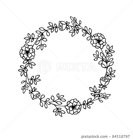 Wreath of simple twigs with flowers. Black lines on white background, sketch, Doodle style. Hand drawn vector illustration with copy space Wreath of simple twigs with flowers. Black lines on white background, sketch, Doodle style. Hand drawn vector illustration with copy space 84518797