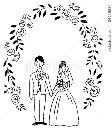 Monochrome line drawing of bride and groom and flower decoration 84519223