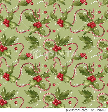 Christmas pattern with holly and satin ribbon. Seamless pattern for the new year. Christmas pattern with holly and satin ribbon. Seamless pattern for the new year. 84519682