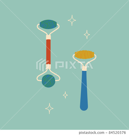 Facial massage roller tool. Self-massage face tools. Vector isolated flat objects for design. 84520376