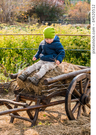 Old-fashioned little boy sitting at a vintage wooden carriage Old-fashioned little boy sitting at a vintage wooden carriage 84520512