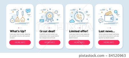 Set of Business icons, such as Call center, Cooking cutlery, Loyalty award symbols. Mobile screen mockup banners. Debit card line icons. Recall, Kitchen accessories, Bonus medal. Vector Set of Business icons, such as Call center, Cooking cutlery, Loyalty award symbols. Mobile screen mockup banners. Debit card line icons. Recall, Kitchen accessories, Bonus medal. Vector 84520963