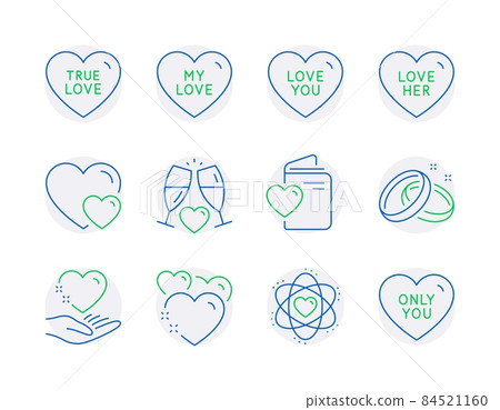 Love icons set. Included icon as Love document, Heart, Hearts signs. Wedding rings, Love her, Hold heart symbols. Atom, Wedding glasses, Only you line icons. Quality line icons. Vector Love icons set. Included icon as Love document, Heart, Hearts signs. Wedding rings, Love her, Hold heart symbols. Atom, Wedding glasses, Only you line icons. Quality line icons. Vector 84521160