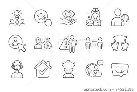 Teamwork business, User and Consultant line icons set. Business idea, Yummy smile and Loyalty star signs. Cooking chef, Time management and Nurse symbols. Line icons set. Vector Teamwork business, User and Consultant line icons set. Business idea, Yummy smile and Loyalty star signs. Cooking chef, Time management and Nurse symbols. Line icons set. Vector 84521196