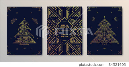 Vector set of New year, Christmas gold invitations, cards, posters, banners, brochures, flyers, covers. Geometric design with christmas tree, linear ornament, frame, border. Vector set of New year, Christmas gold invitations, cards, posters, banners, brochures, flyers, covers. Geometric design with christmas tree, linear ornament, frame, border. 84521603