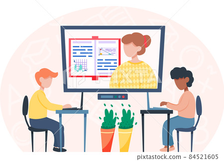 Online learning concept, teacher of math at computer screen and pupil sitting at table with laptop Online learning concept, teacher of math at computer screen and pupil sitting at table with laptop 84521605