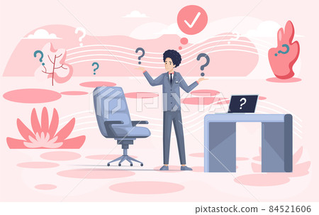 Businessman making decision looking at question mark. Person thinking about problem, doing choice Businessman making decision looking at question mark. Person thinking about problem, doing choice 84521606