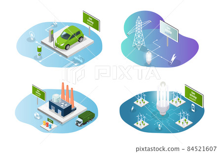 Generating electricity using green technologies illustrations set. Alternative energy producing 84521607