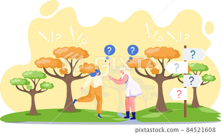 Making confusion. Doubts person surrounded by question marks. Questions dilemma situations Making confusion. Doubts person surrounded by question marks. Questions dilemma situations 84521608