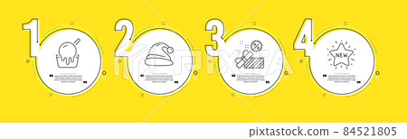 Santa hat, Sale and Ice cream line icons set. Timeline process infograph. New star sign. Christmas, Gift box, Sundae cup. Shopping. Holidays set. Yellow infographics timeline. Vector 84521805