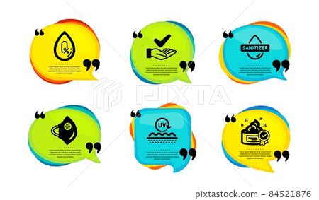 Dermatologically tested, No alcohol and Uv protection icons simple set. Speech bubble with quotes. Medical mask, Hand sanitizer and Cream signs. Organic, Mineral oil, Skin cream. Vector Dermatologically tested, No alcohol and Uv protection icons simple set. Speech bubble with quotes. Medical mask, Hand sanitizer and Cream signs. Organic, Mineral oil, Skin cream. Vector 84521876