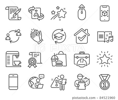 Business icons set. Included icon as Clapping hands, Best rank, Technical algorithm signs. Construction toolbox, Agreement document, Continuing education symbols. Music book, Certificate. Vector 84521960