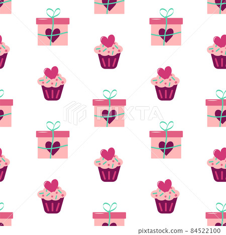 Valentine day seamless pattern with gift, cake and hearts. Vector flat illustration with festive decorations for wrapping paper, background, web, clothing. Bright pink set of holiday elements 84522100