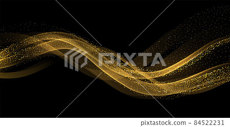 Abstract Gold Waves. Shiny golden moving lines design element with glitter effect on dark background for greeting card and disqount voucher. 84522231