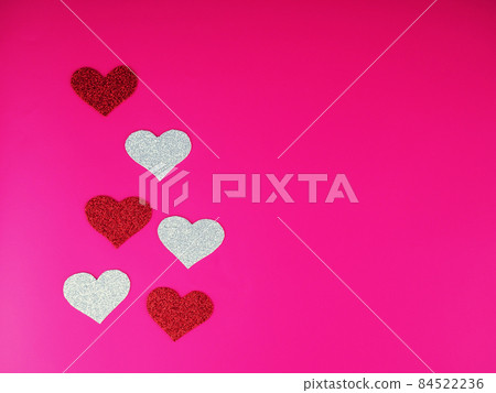 Valentine's Day concept, silver and red heart on pink background, greeting card 84522236