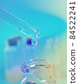 drop of liquid from a pipette into a medical bottle, research concept, new drugs and science, on a bright pink, blue and purple background 84522241