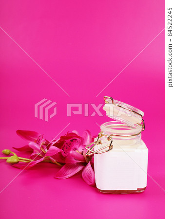 cream jar on pink background with space for text, beauty and health theme, valentine's day gift cream jar on pink background with space for text, beauty and health theme, valentine's day gift 84522245