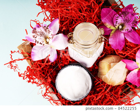 gift box with cosmetics on the theme of Valentine's day, birthday and wedding gift box with cosmetics on the theme of Valentine's day, birthday and wedding 84522255
