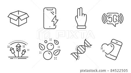 Opened box, Click hand and Clean bubbles line icons set. Chemistry dna, Smartphone charging and 5g wifi signs. Heart, Fireworks rocket symbols. Quality line icons. Opened box badge. Vector Opened box, Click hand and Clean bubbles line icons set. Chemistry dna, Smartphone charging and 5g wifi signs. Heart, Fireworks rocket symbols. Quality line icons. Opened box badge. Vector 84522505