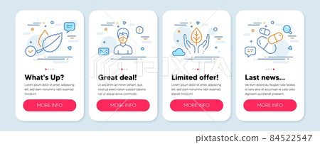 Set of Healthcare icons, such as Fair trade, Medical mask, Mint leaves symbols. Mobile screen mockup banners. Capsule pill line icons. Safe nature, Respirator, Mentha herbal. Medicine drugs. Vector 84522547