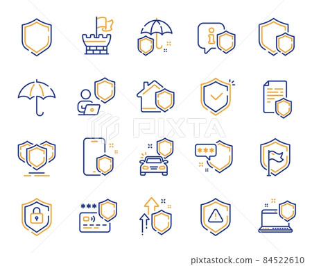Defense line icons. Car insurance, Secure shield and Safe umbrella. Safety risk, Computer security and Defense privacy icons. Secure online information, Tower castle and protect shield. Vector 84522610