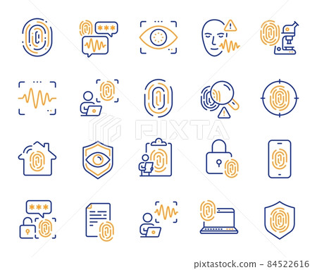 Biometric line icons. Fingerprint access, Eye biometric and Voice recognition. Detect identity, Check finger access and Scan eye or voice icons. Identify user by fingerprint, secure id. Vector Biometric line icons. Fingerprint access, Eye biometric and Voice recognition. Detect identity, Check finger access and Scan eye or voice icons. Identify user by fingerprint, secure id. Vector 84522616