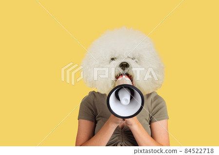 Contemporary artwork, conceptual collage. Young girl headed by white fluffy dog head isolated shouting at megaphone. Surrealism Contemporary artwork, conceptual collage. Young girl headed by white fluffy dog head isolated shouting at megaphone. Surrealism 84522718