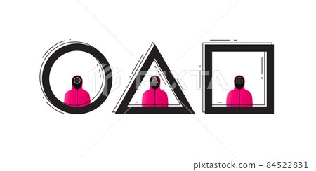 Squid game logo design. Circle, triangle and square geometric shapes. People in pink jumpsuits. Figures of survival contest. Squid game manager, worker and armed staff. Minimalist background. Vector Squid game logo design. Circle, triangle and square geometric shapes. People in pink jumpsuits. Figures of survival contest. Squid game manager, worker and armed staff. Minimalist background. Vector 84522831