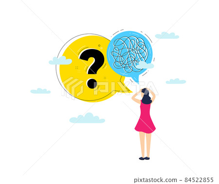 Mental health, mind stress and psychology anxiety. Getting help information. Illustration of brain trouble. Woman with confused thoughts. Question mark icon. Mental stress, mind anxiety. Vector 84522855