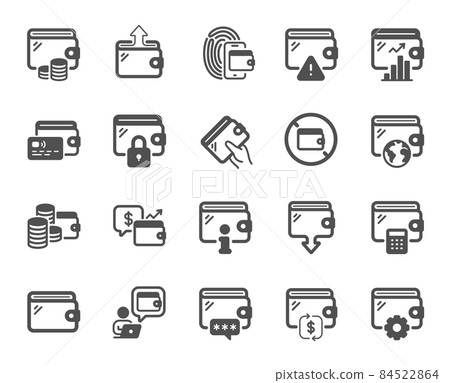 Wallet icons. Money transfer, Credit card payment, Withdraw funds icons. Cash purse, Fingerprint access and onWallet. Money commerce, Deposit transfer and Calculate cash budget. Vector 84522864