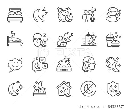 Sleep line icons. Sleeping pillow, Night bed and Insomnia sleeplessness. Bedroom rest mattress, Zzz snooze and Pillows with feather icons. Sleeping mask, Alarm clock and Human sleep in bed. Vector Sleep line icons. Sleeping pillow, Night bed and Insomnia sleeplessness. Bedroom rest mattress, Zzz snooze and Pillows with feather icons. Sleeping mask, Alarm clock and Human sleep in bed. Vector 84522871