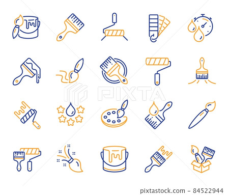 Paint brushes line icons. Color palette, Paint tin or bucket, Roller tool. Pantone samples, Dye quality, Creative art brush line icons. Finishing work, Painter tool and Dye color palette. Vector 84522944