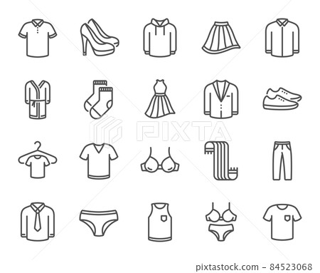 Clothes line icons. T-shirt, Footwear and bathrobe icons. Hoody sweatshirt, T-shirt with hanger and suit. Skirt, Women dress and high heels shoes. Socks, panties with bra and bathrobe. Vector Clothes line icons. T-shirt, Footwear and bathrobe icons. Hoody sweatshirt, T-shirt with hanger and suit. Skirt, Women dress and high heels shoes. Socks, panties with bra and bathrobe. Vector 84523068