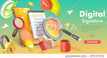 3D Isometric Flat Vector Conceptual Illustration of Digital Signature. 84523593