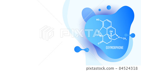 Oxymorphone opioid analgesic drug molecule, skeletal chemical formula with liquid fluid shapes on white background, vector illustration 84524318