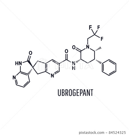 Ubrogepant migraine drug molecule CGRP receptor antagonist. Skeletal formula. Ubrogepant migraine drug molecule CGRP receptor antagonist. Skeletal formula. 84524325