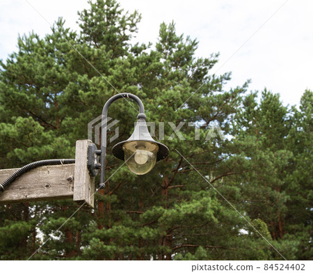 Plafond with lighting lamps in the village against the background of the forest. Copy space for text, traditional Plafond with lighting lamps in the village against the background of the forest. Copy space for text, traditional 84524402