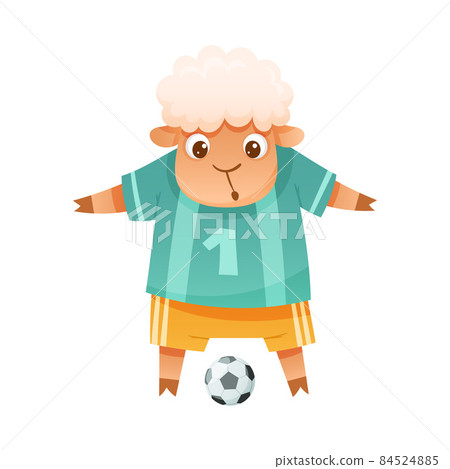 Sheep animal playing soccer. Cute football mascot in sports uniform with ball cartoon vector illustration Sheep animal playing soccer. Cute football mascot in sports uniform with ball cartoon vector illustration 84524885