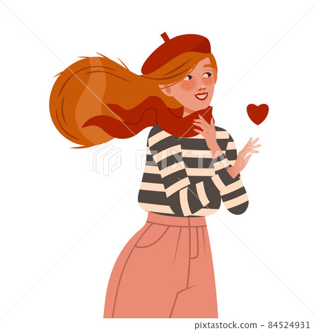 Happy romantic young woman with red heart in her hand vector illustration 84524931