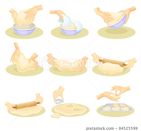 Human hands kneading dough. Bakery process, baking cookies, bread or pizza vector illustration 84525599
