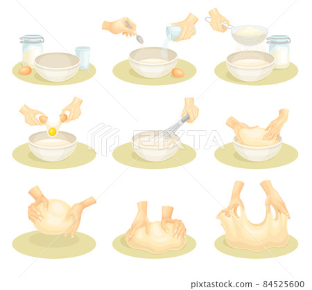 Human hands kneading dough. Bakery process, kneading pastry for cookies, bread, pizza vector illustration 84525600