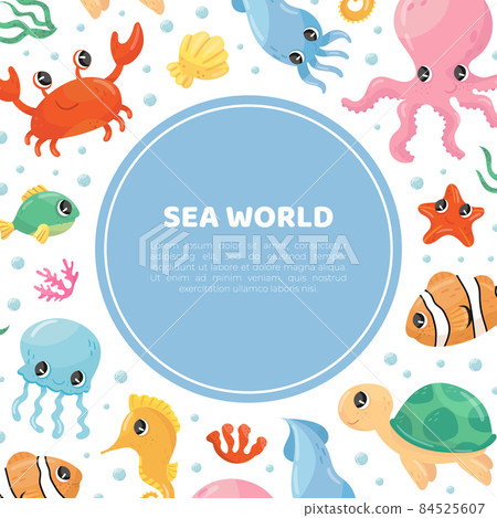 Cute marine animals banner template. Undersea world poster, card, backdrop vector illustration Cute marine animals banner template. Undersea world poster, card, backdrop vector illustration 84525607