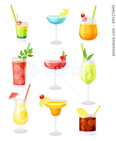 Glasses of cocktails set. Cold alcoholic or non alcoholic beverages vector illustration 84525645