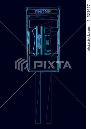 Wireframe of a street telephone booth made of blue lines, isolated on a dark background. Front view. 3D. Vector illustration Wireframe of a street telephone booth made of blue lines, isolated on a dark background. Front view. 3D. Vector illustration 84525677