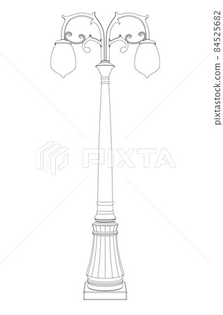 Outline of a street decorative lamp from black lines isolated on a white background. Front view. Vector illustration Outline of a street decorative lamp from black lines isolated on a white background. Front view. Vector illustration 84525682