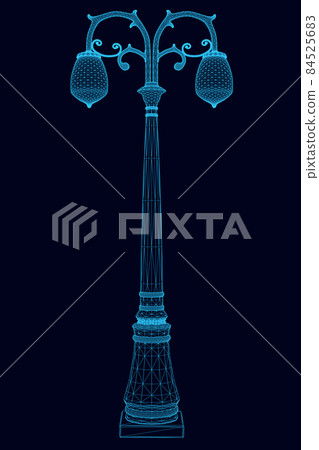 Wireframe of a street decorative lamp made of blue lines isolated on a dark background. Front view. 3D. Vector illustration 84525683