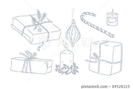 Collection of holiday objects gift boxes, candles, candy cane isolated. 84526125