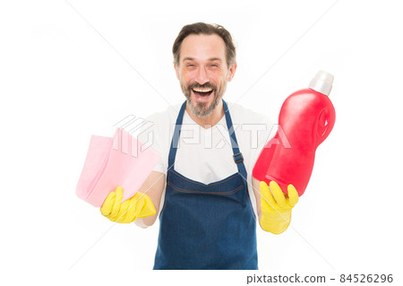 Im cleaning your house. Happy househusband holding  84526296